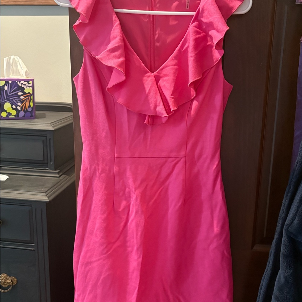 Trina Turk Hot Pink Ruffle V-Neck Mini Dress